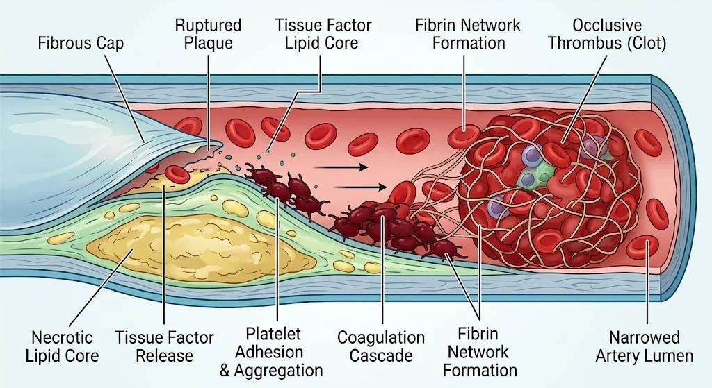 Diagram showing how a ruptured plaque in atherosclerosis leads to the formation of a blood clot